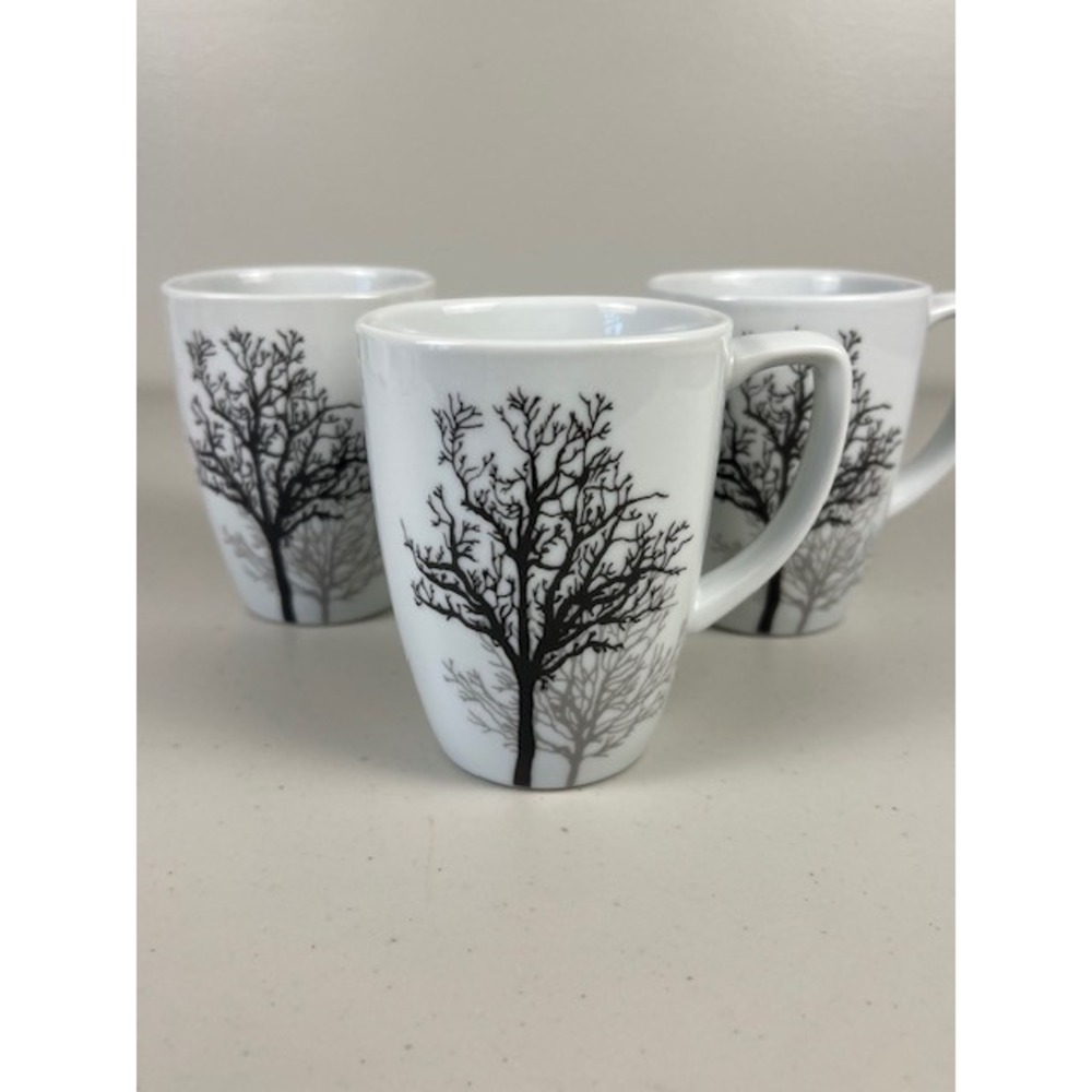 Corelle Coordinates TIMBER SHADOWS Porcelain Tree Coffee Tea Mugs White Set of 3